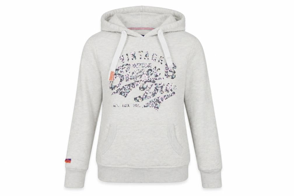 Superdry Women Grey M Pullover Hoodie Floral Logo Pocket