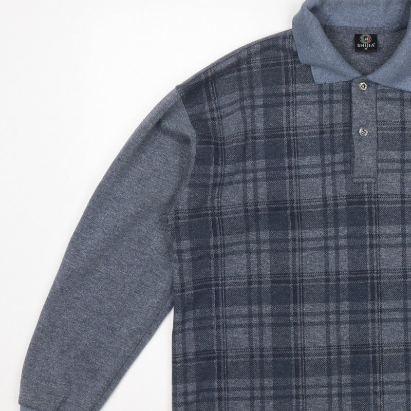 Shijia Men's Blue M Plaid Collared Henley Sweatshirt Pocket