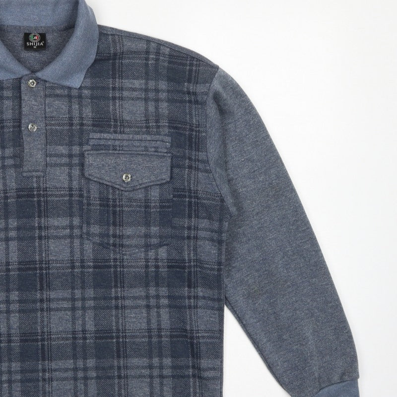 Shijia Men's Blue M Plaid Collared Henley Sweatshirt Pocket