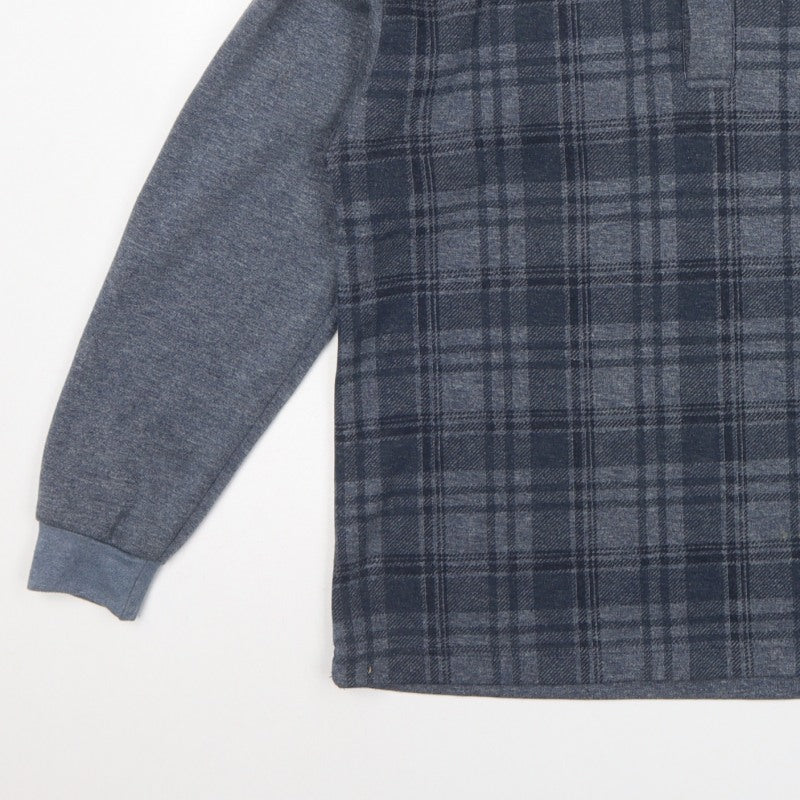 Shijia Men's Blue M Plaid Collared Henley Sweatshirt Pocket