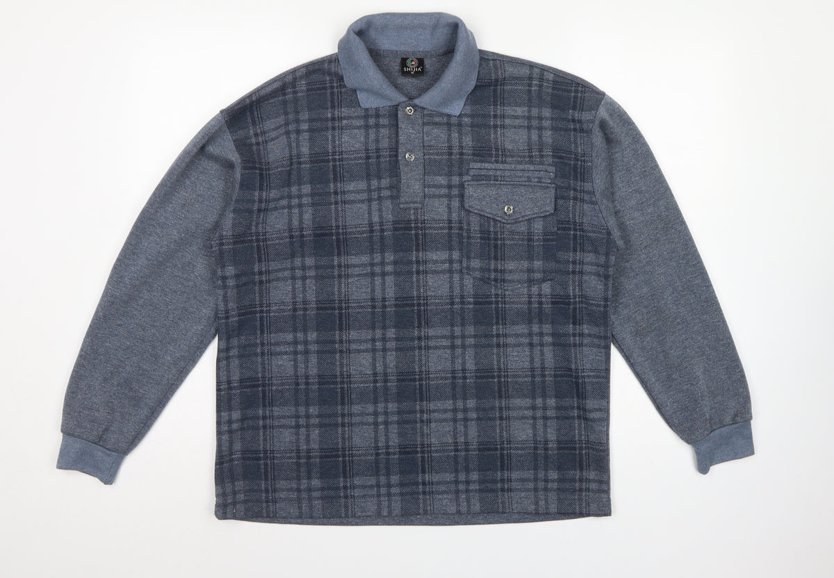 Shijia Men's Blue M Plaid Collared Henley Sweatshirt Pocket