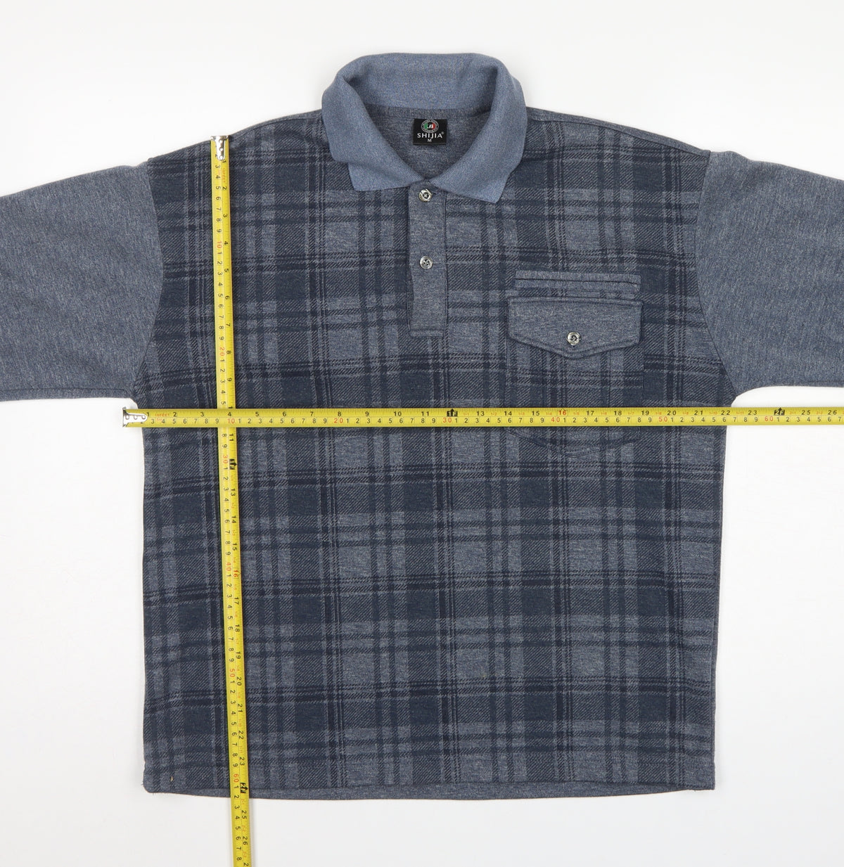 Shijia Men's Blue M Plaid Collared Henley Sweatshirt Pocket