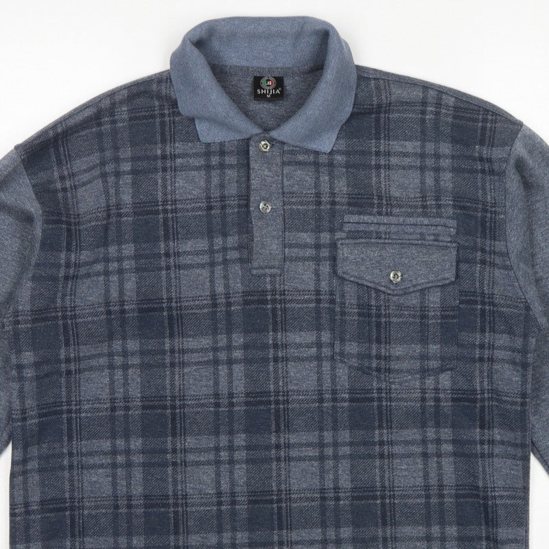 Shijia Men's Blue M Plaid Collared Henley Sweatshirt Pocket