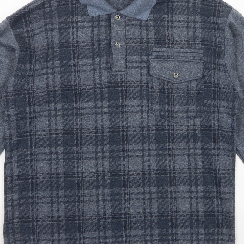 Shijia Men's Blue M Plaid Collared Henley Sweatshirt Pocket