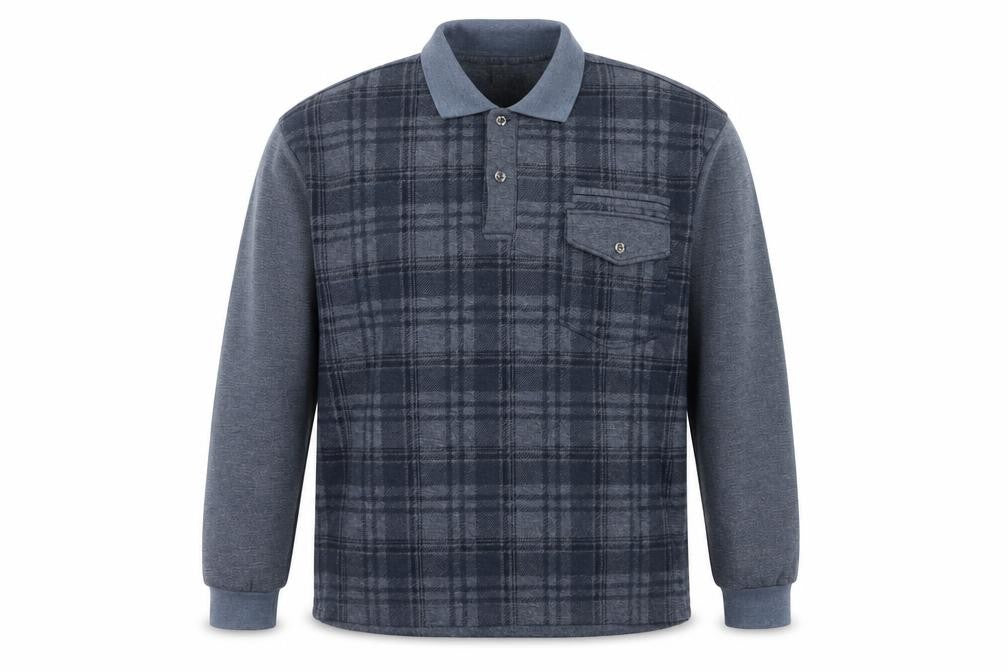 Shijia Men's Blue M Plaid Collared Henley Sweatshirt Pocket