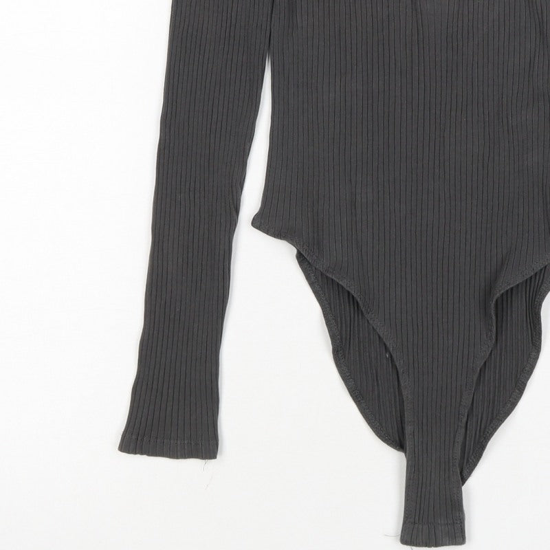 Zara Women’s Black M Ribbed Collared Long Sleeve Button Bodysuit