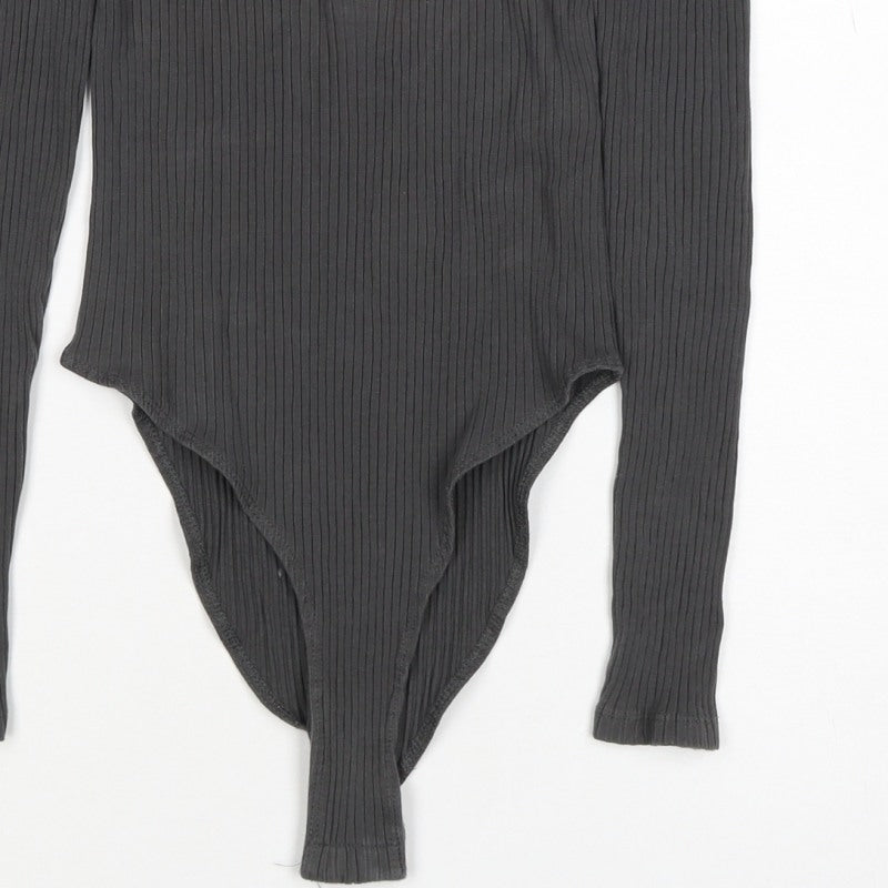 Zara Women’s Black M Ribbed Collared Long Sleeve Button Bodysuit