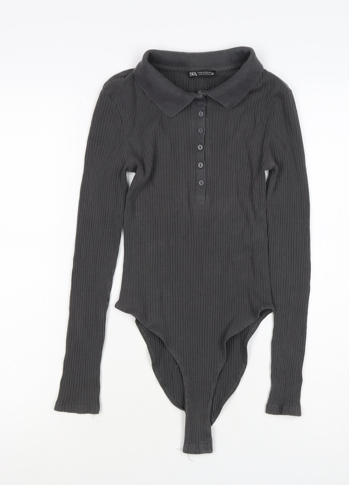 Zara Women’s Black M Ribbed Collared Long Sleeve Button Bodysuit