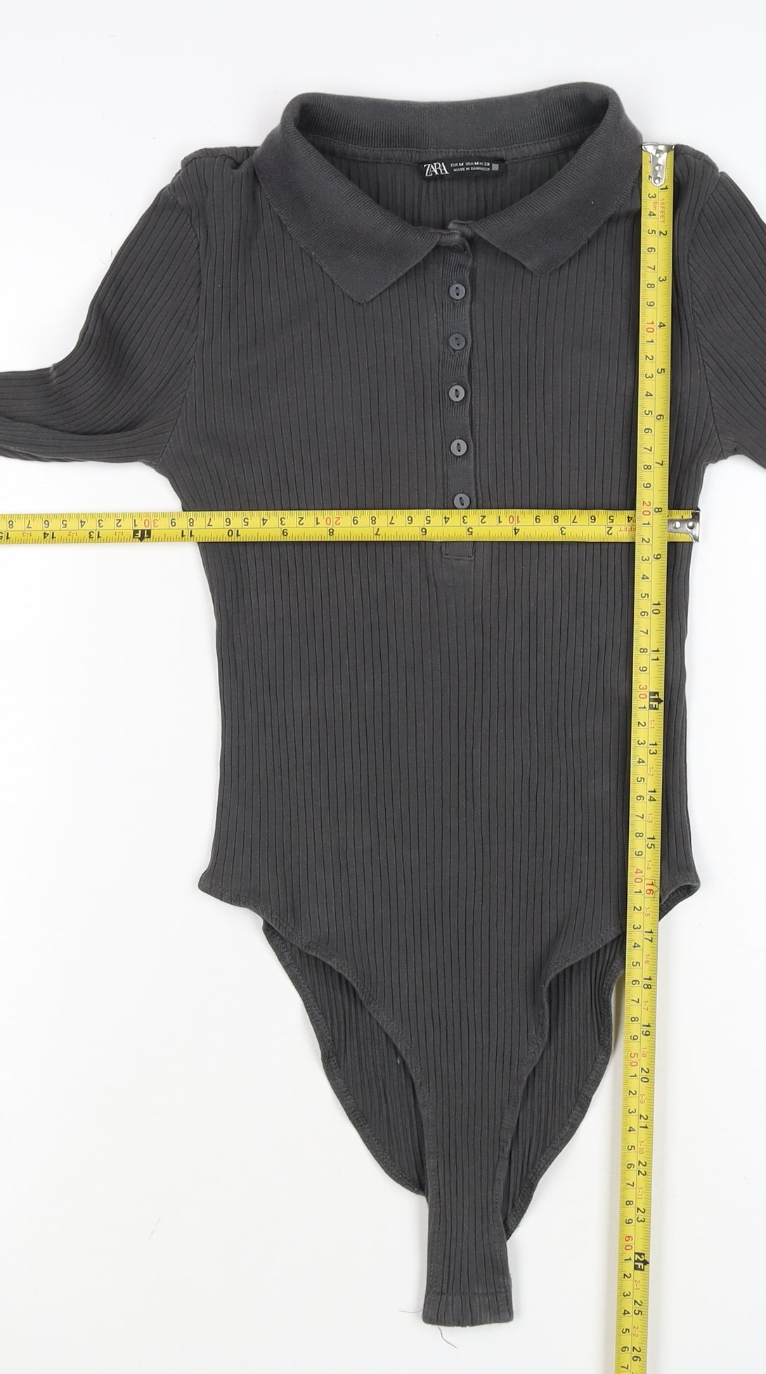 Zara Women’s Black M Ribbed Collared Long Sleeve Button Bodysuit