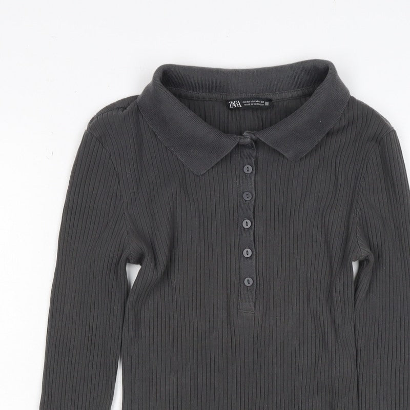 Zara Women’s Black M Ribbed Collared Long Sleeve Button Bodysuit