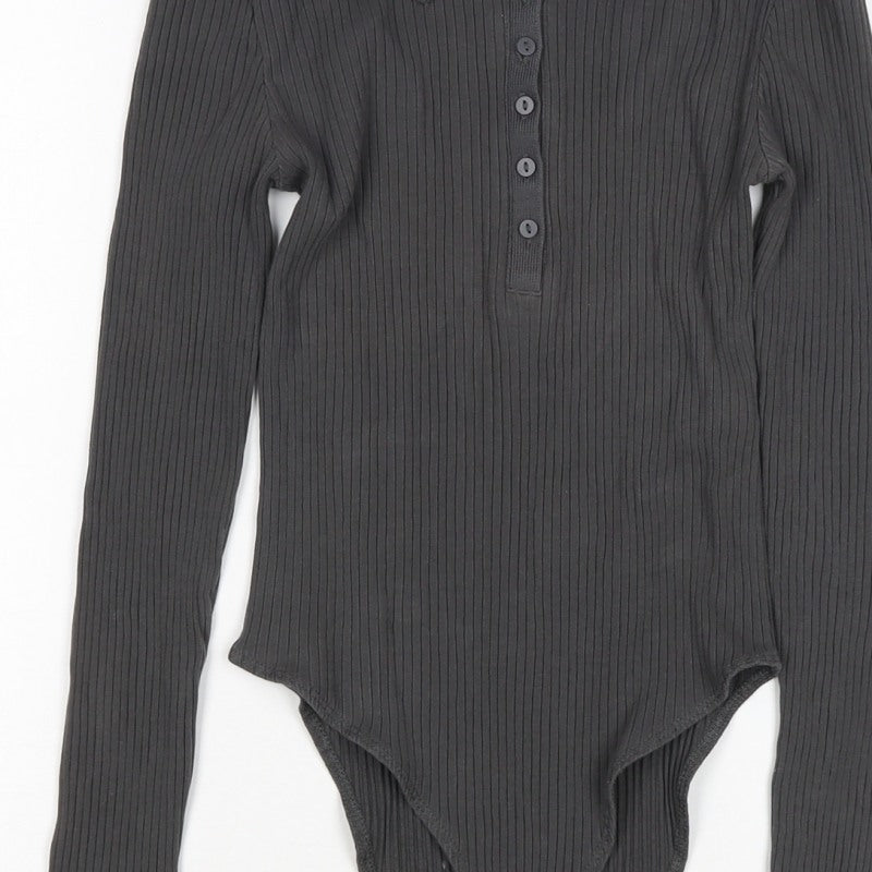 Zara Women’s Black M Ribbed Collared Long Sleeve Button Bodysuit