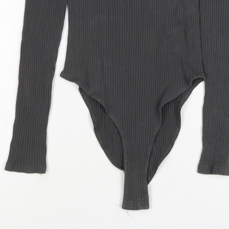 Zara Women’s Black M Ribbed Collared Long Sleeve Button Bodysuit