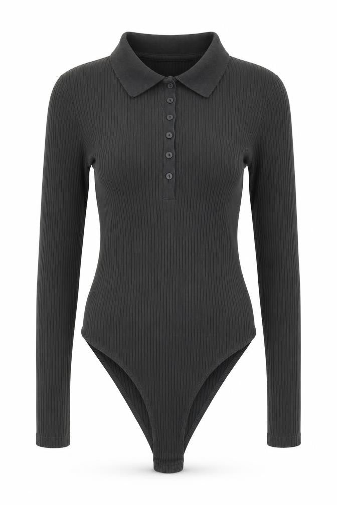 Zara Women’s Black M Ribbed Collared Long Sleeve Button Bodysuit