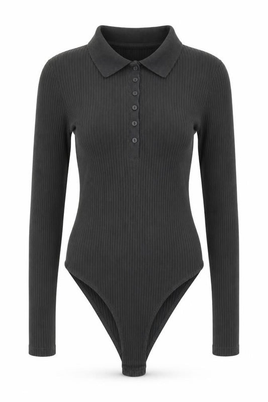 Zara Women’s Black M Ribbed Collared Long Sleeve Button Bodysuit