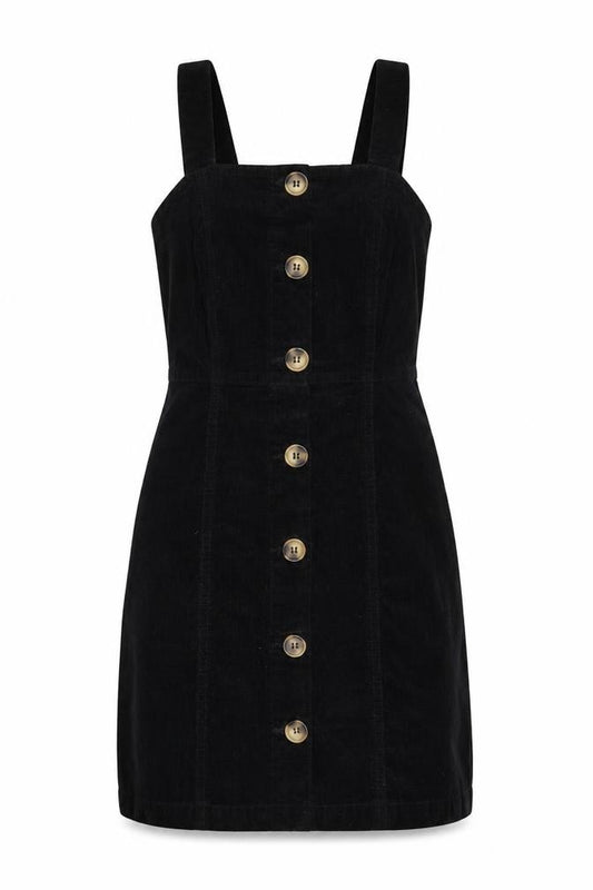 Danni G Women Black UK 6 Stretch Cotton Pinafore Button Knee Dress