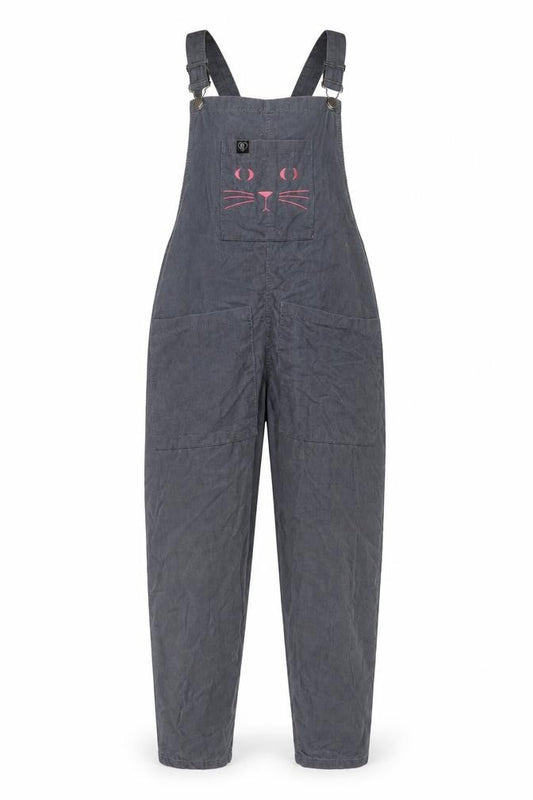Fearless Illustration Women Grey Cat Embroidered Cotton Dungarees XS