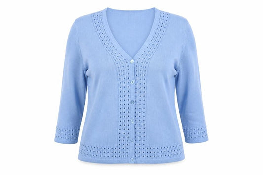 Damart Women Blue UK 18 V-Neck 3/4 Sleeve Open-Knit Cardigan