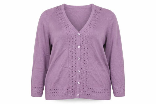 Damart Women Purple UK 20 V-Neck Button 3/4 Sleeve Cardigan