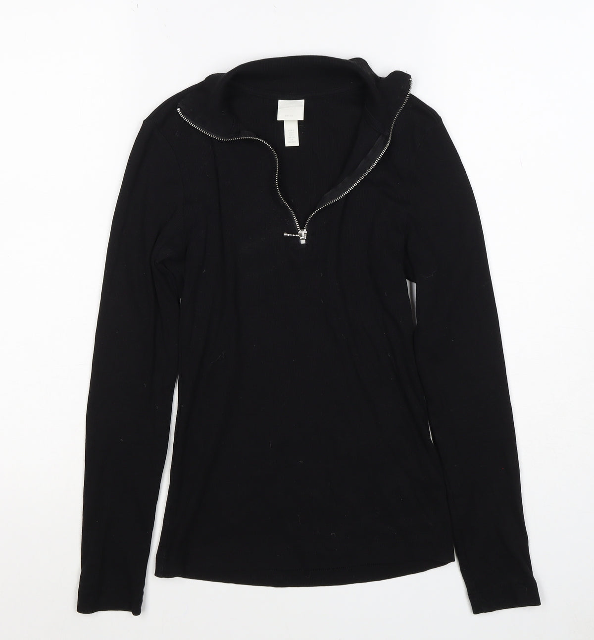 Basics Women Black S Ribbed High Neck 1/2 Zip Long Sleeve Top