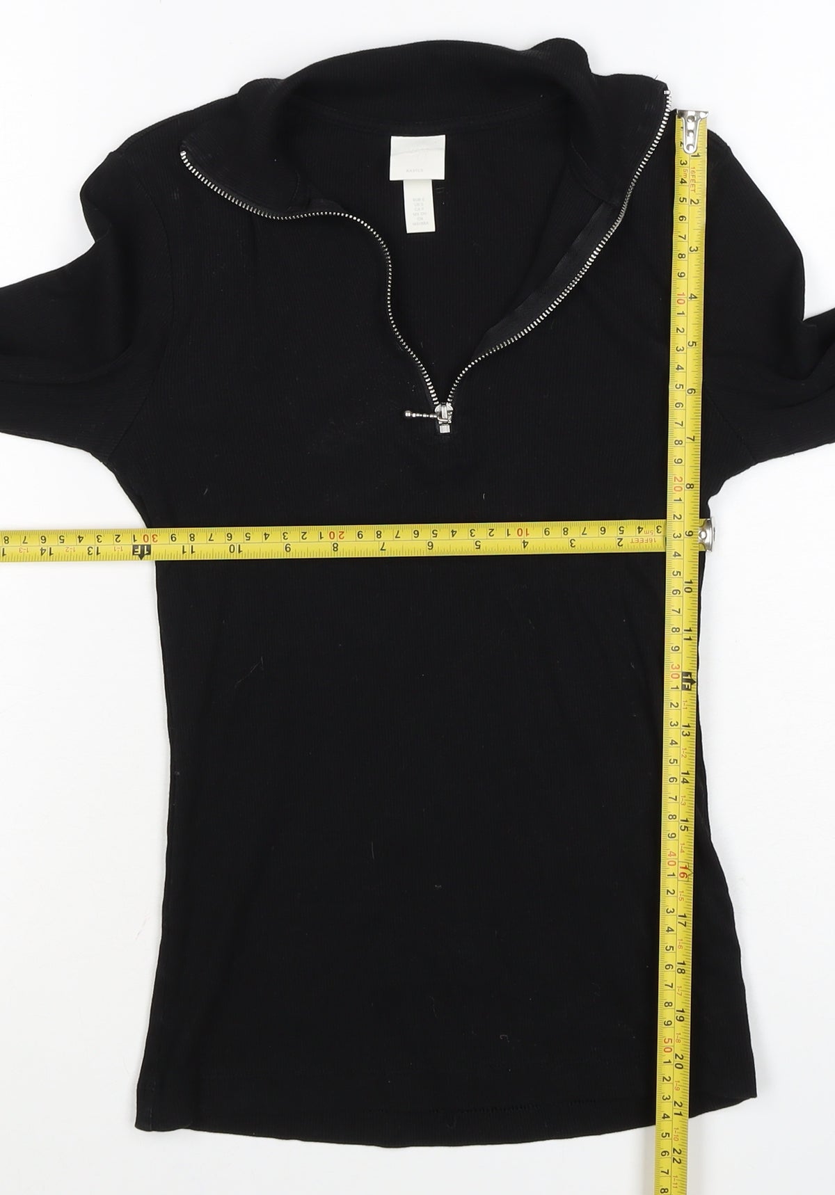 Basics Women Black S Ribbed High Neck 1/2 Zip Long Sleeve Top