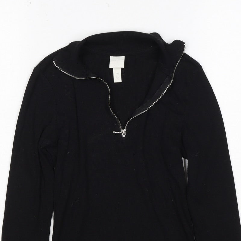 Basics Women Black S Ribbed High Neck 1/2 Zip Long Sleeve Top