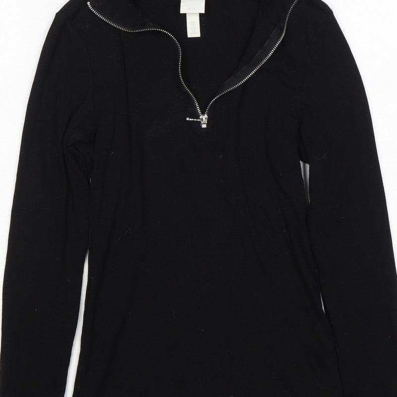 Basics Women Black S Ribbed High Neck 1/2 Zip Long Sleeve Top