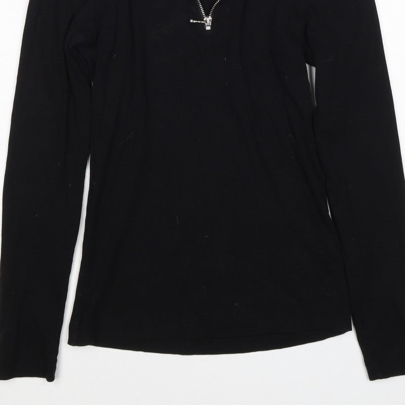 Basics Women Black S Ribbed High Neck 1/2 Zip Long Sleeve Top