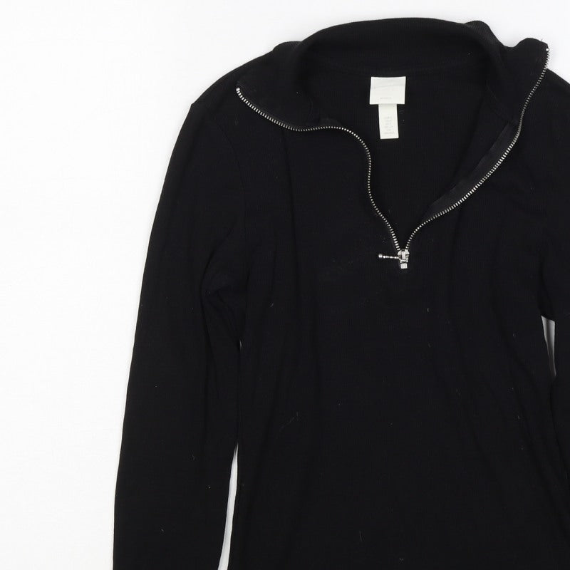 Basics Women Black S Ribbed High Neck 1/2 Zip Long Sleeve Top
