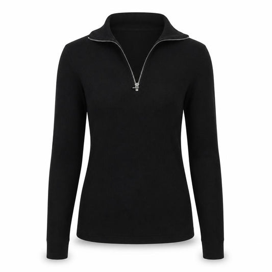 Basics Women Black S Ribbed High Neck 1/2 Zip Long Sleeve Top