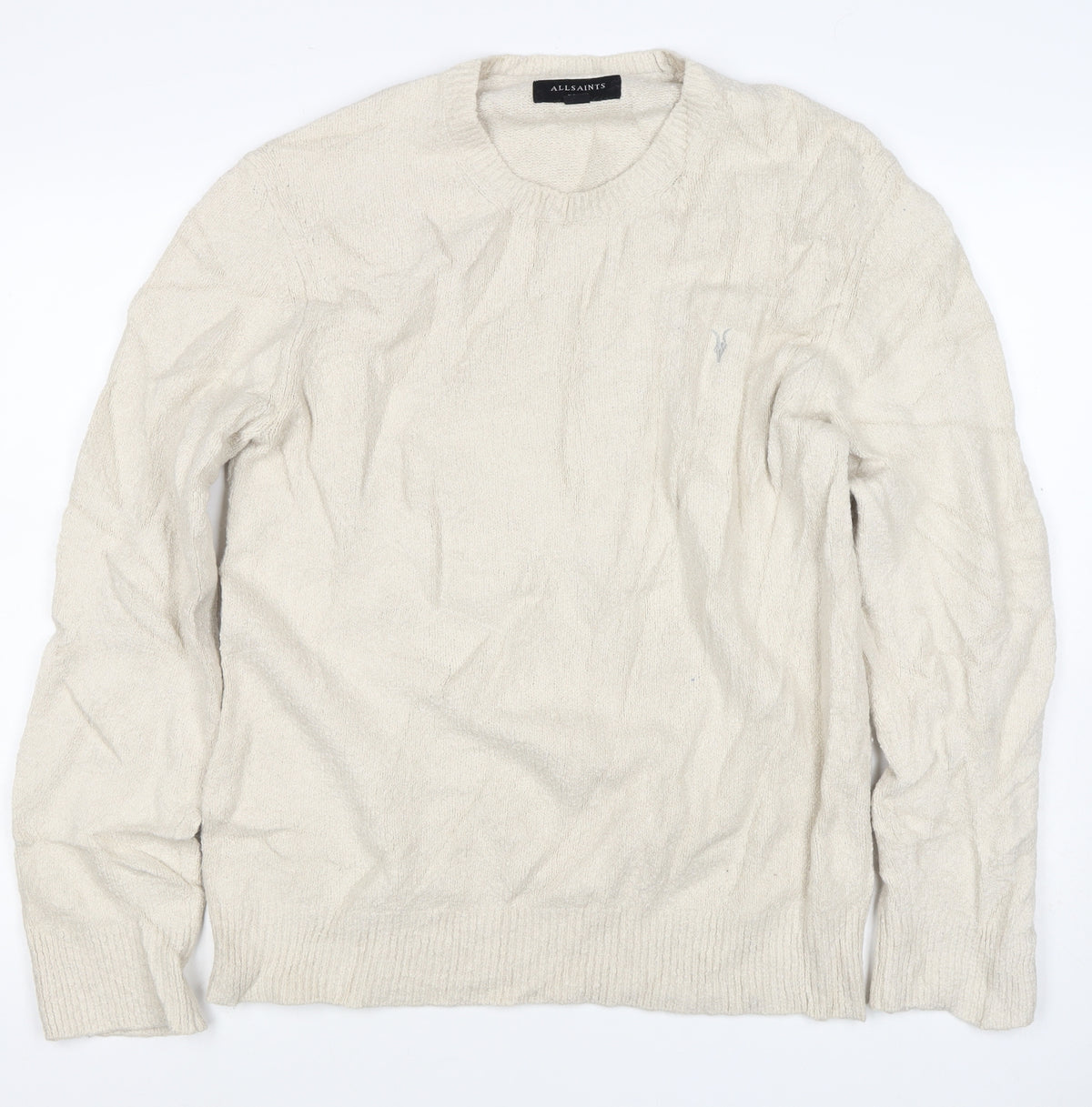 AllSaints Men’s Ivory XL Crew Neck Logo Knit Pullover Jumper