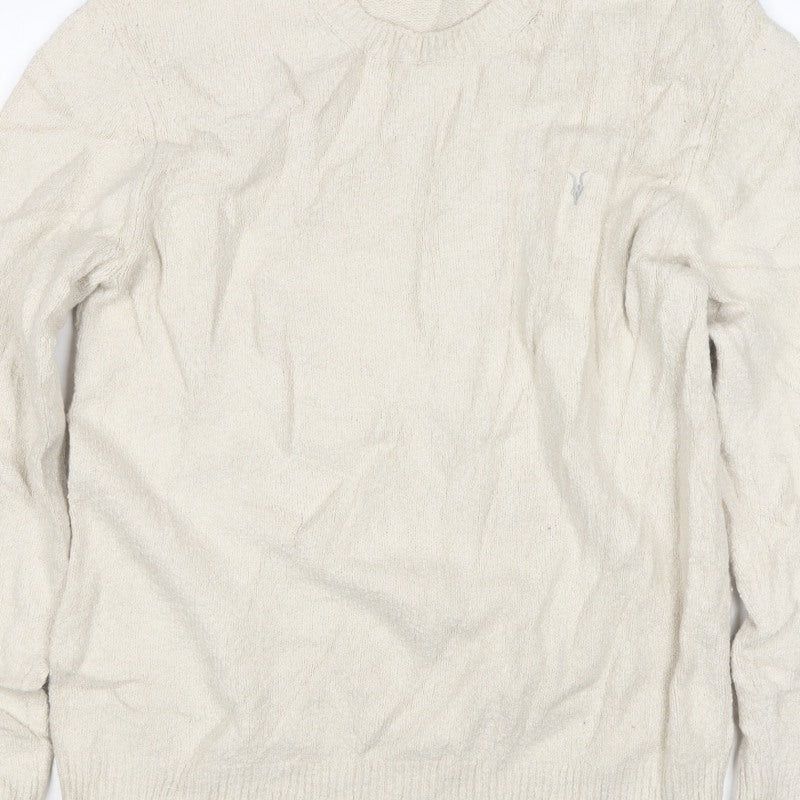 AllSaints Men’s Ivory XL Crew Neck Logo Knit Pullover Jumper