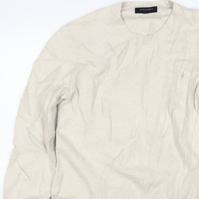 AllSaints Men’s Ivory XL Crew Neck Logo Knit Pullover Jumper