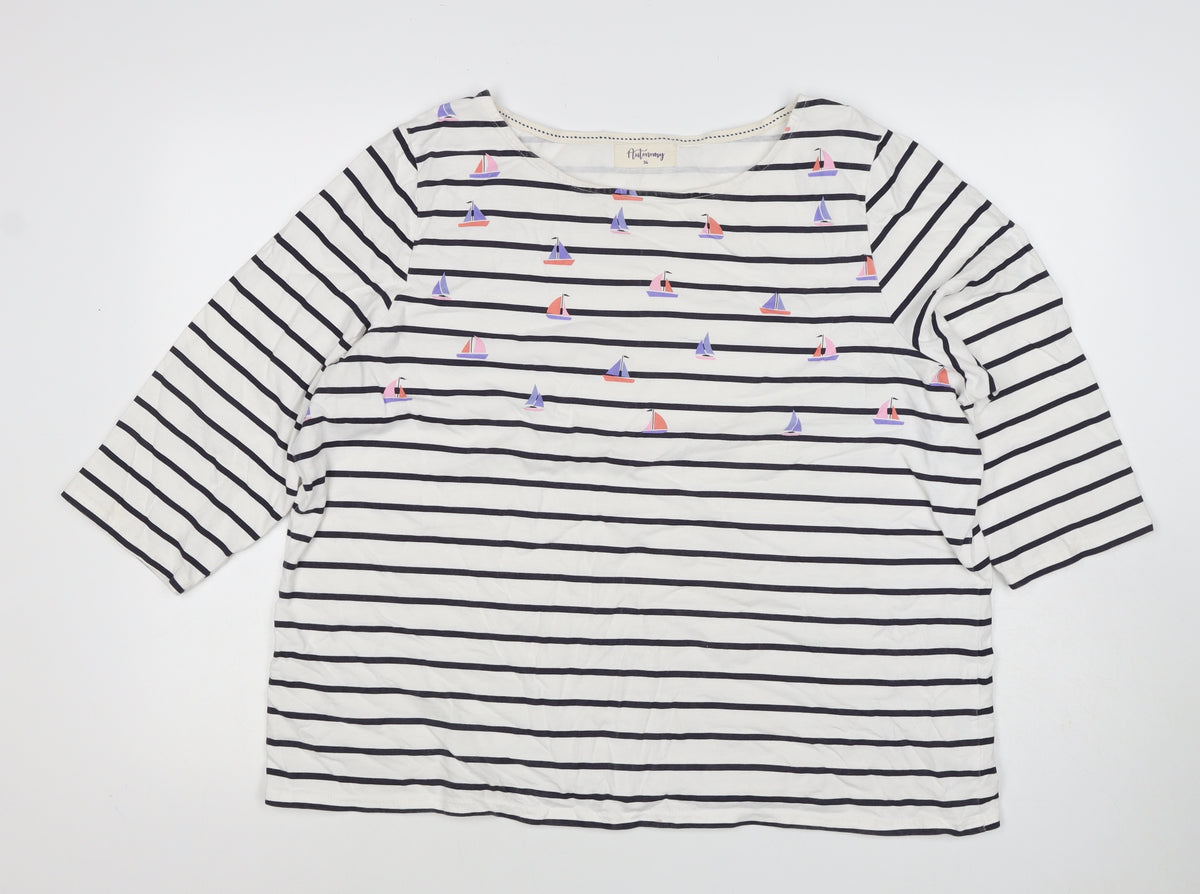 Autonomy Women White Navy Stripe Basic Cotton Top UK 24 3/4 Sleeve
