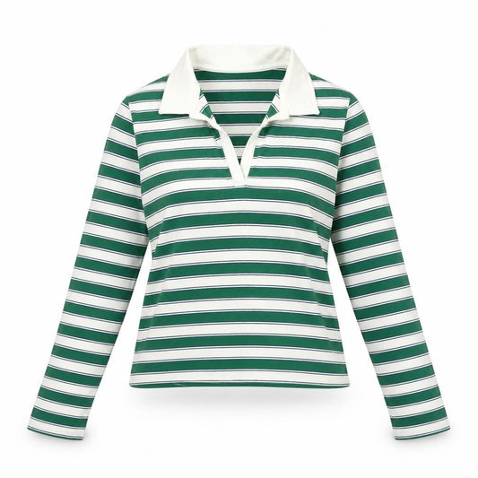 MNG Women’s Green Striped Long Sleeve Collared Polo Top XL