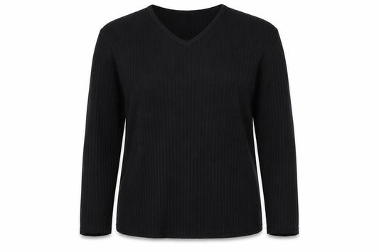 River Island Women Black L Ribbed V-Neck Long Sleeve Slim Top