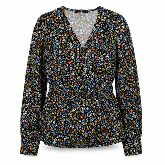 Nuova Women’s Black Floral Wrap Blouse UK 12 Long Bell Sleeve