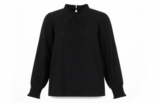 Oasis Women’s Black M Ruffle High Neck Balloon Sleeve Jersey Blouse
