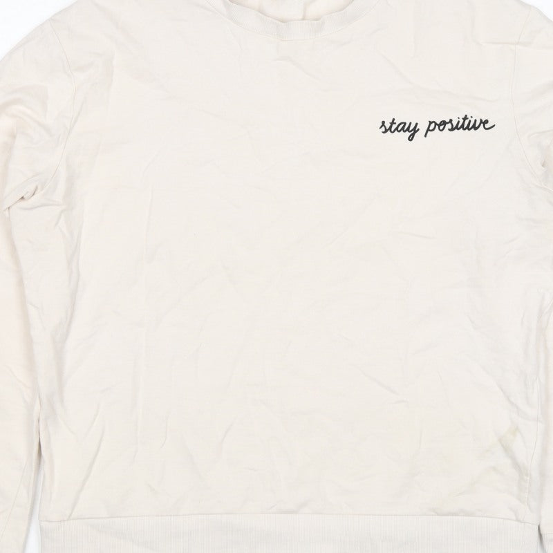 H&M Divided Women Ivory UK 14 Stay Positive Cotton Pullover Sweatshirt