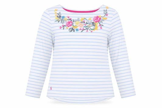 Joules Women White Blue UK 12 Striped Floral Embroidered Jersey Top