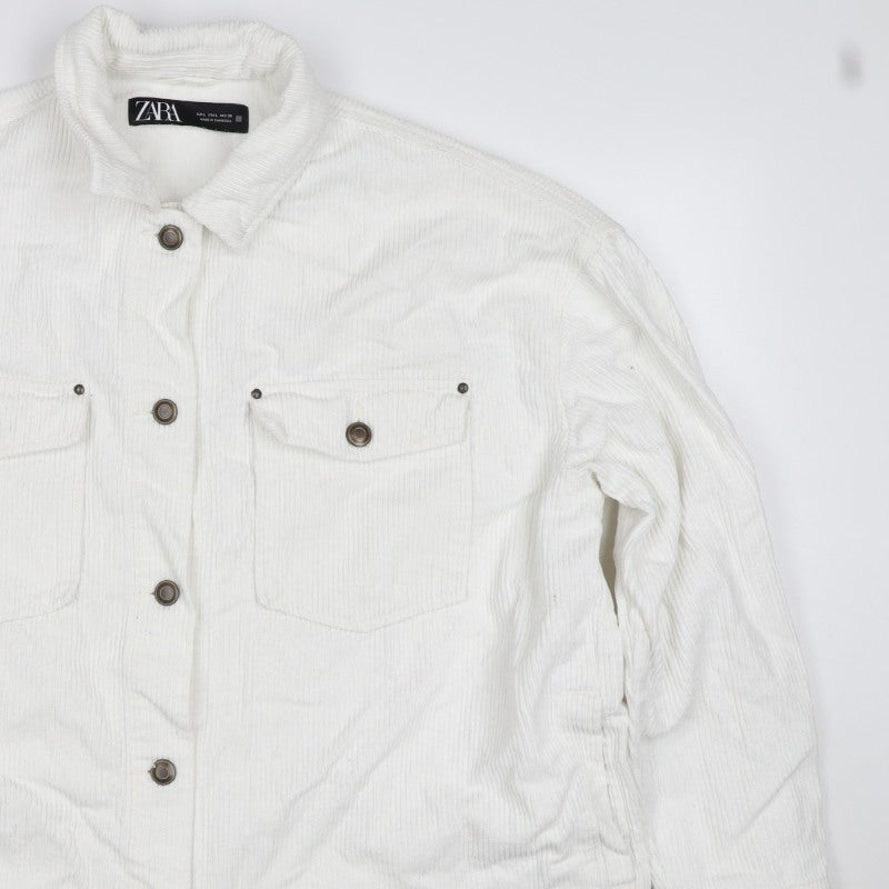 Zara Women White Cotton Corduroy Button Jacket L Collared Pockets