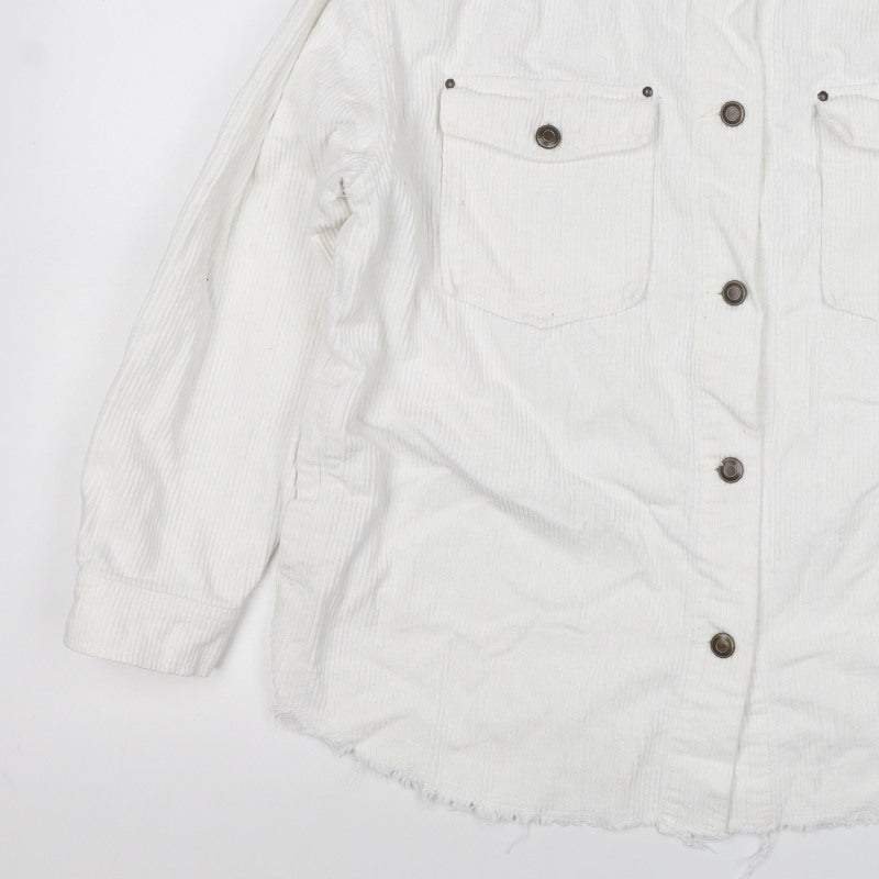 Zara Women White Cotton Corduroy Button Jacket L Collared Pockets