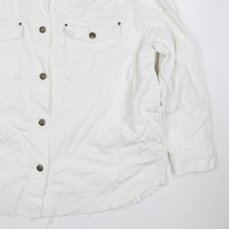 Zara Women White Cotton Corduroy Button Jacket L Collared Pockets