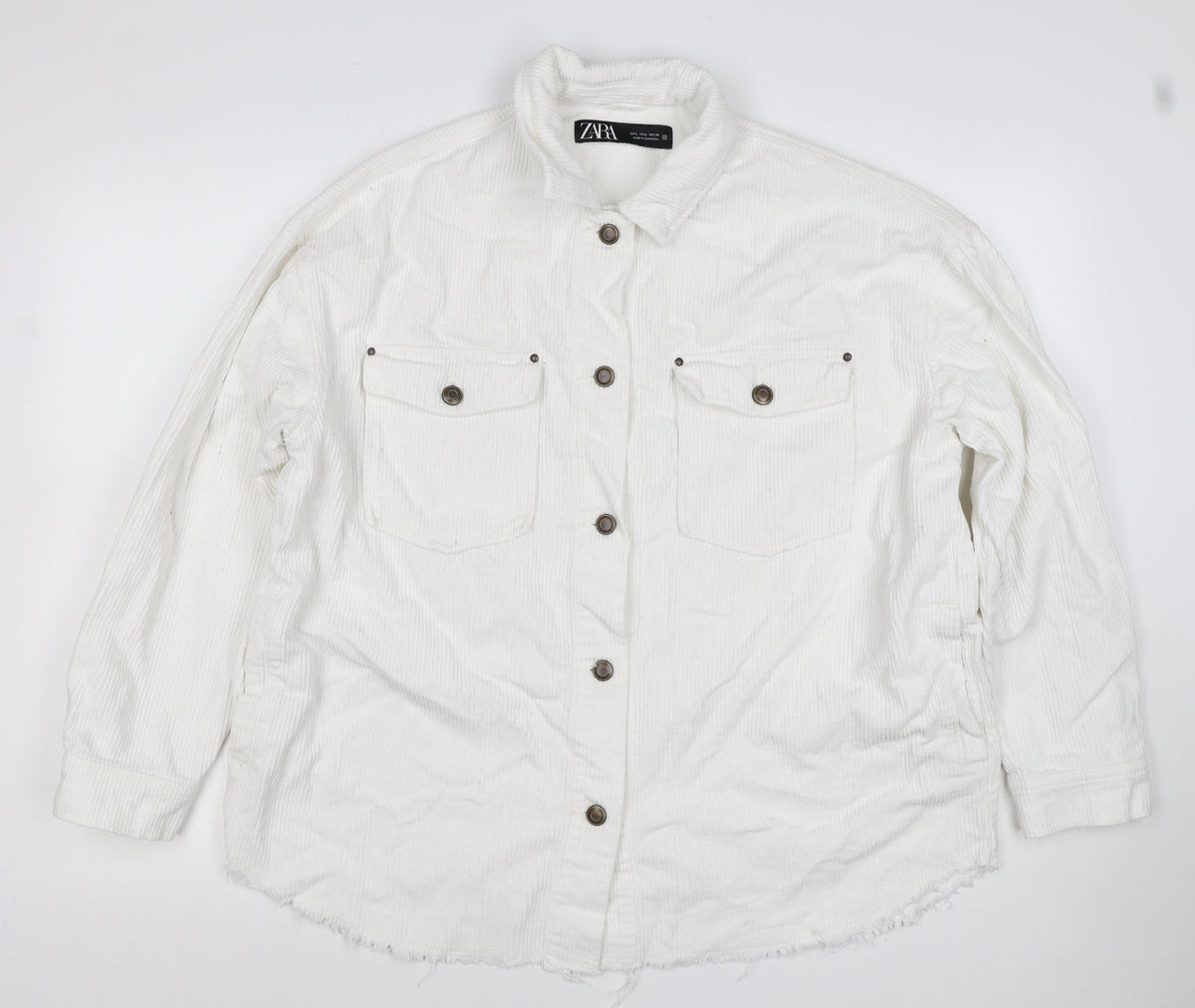 Zara Women White Cotton Corduroy Button Jacket L Collared Pockets