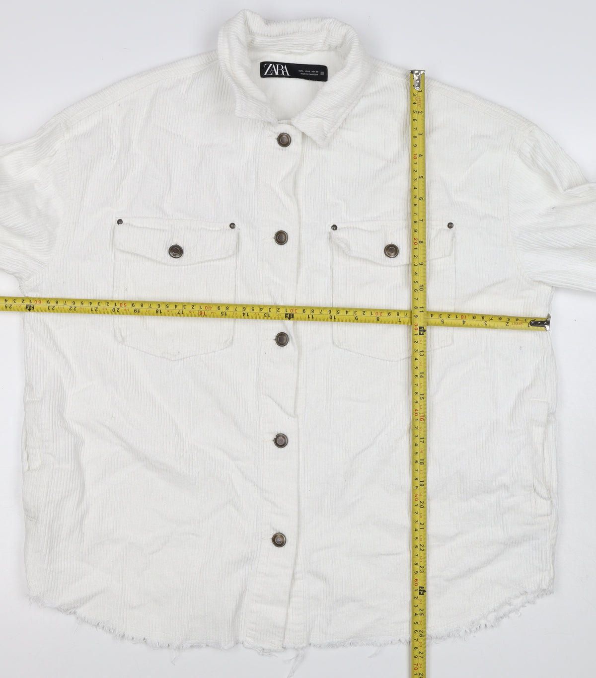 Zara Women White Cotton Corduroy Button Jacket L Collared Pockets