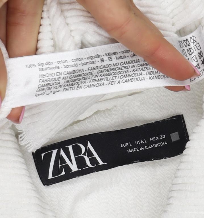 Zara Women White Cotton Corduroy Button Jacket L Collared Pockets