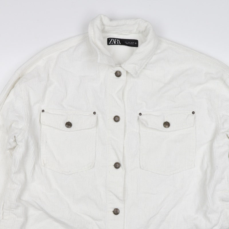 Zara Women White Cotton Corduroy Button Jacket L Collared Pockets