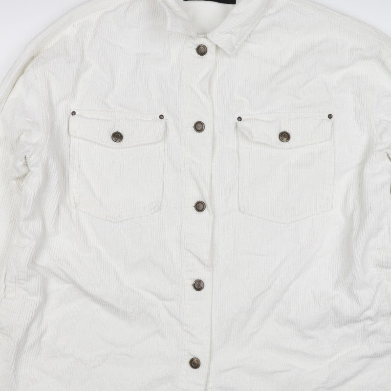 Zara Women White Cotton Corduroy Button Jacket L Collared Pockets