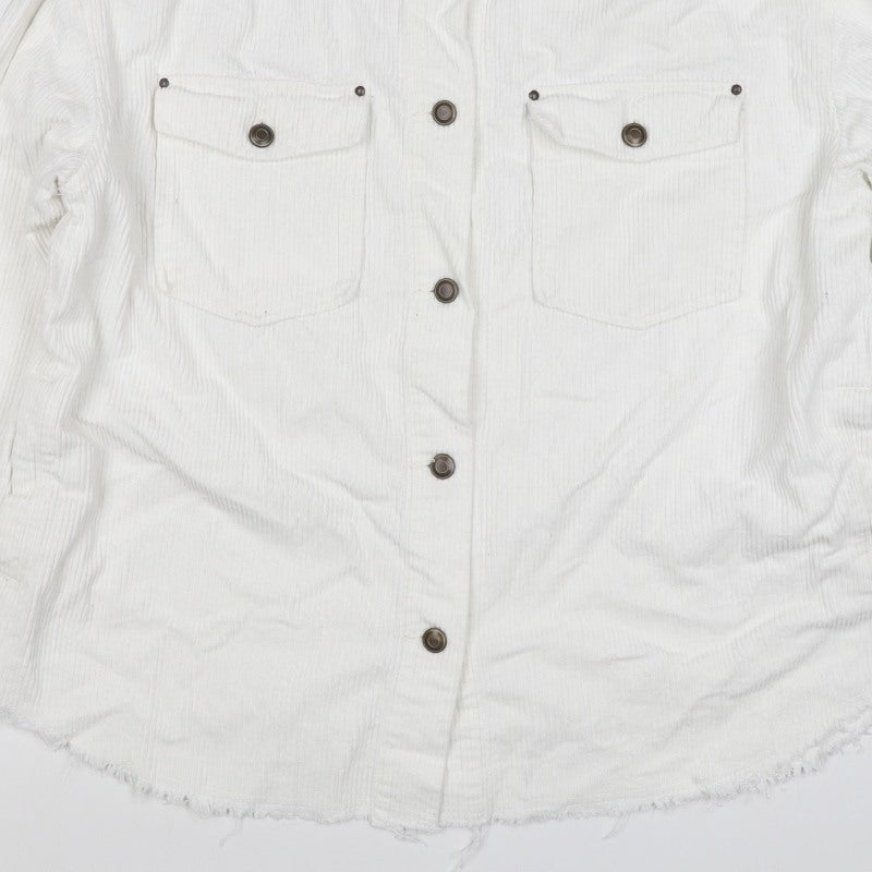 Zara Women White Cotton Corduroy Button Jacket L Collared Pockets