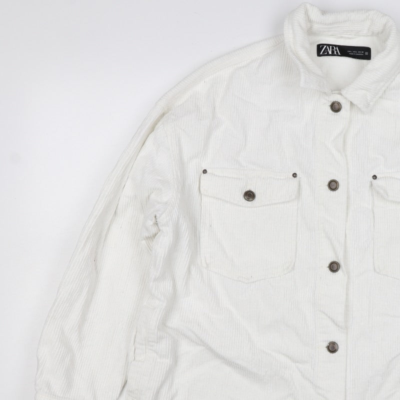 Zara Women White Cotton Corduroy Button Jacket L Collared Pockets