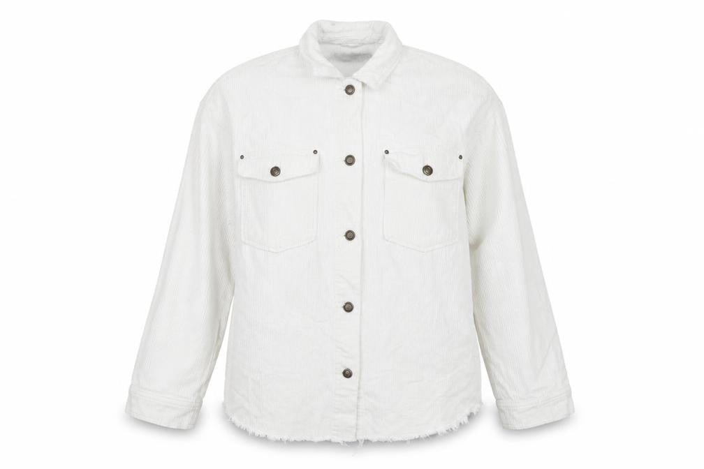 Zara Women White Cotton Corduroy Button Jacket L Collared Pockets